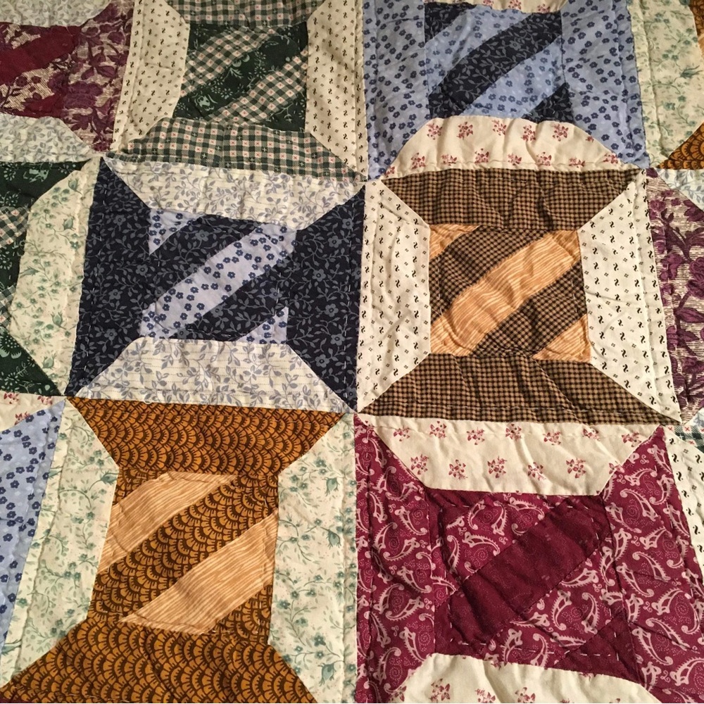 Homemade patchwork hand stitched cotton quilt, 82”x61”